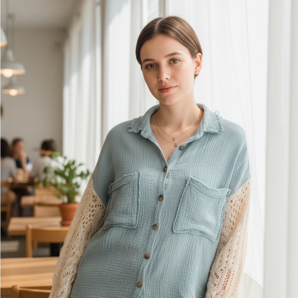 Light Blue Button-Front Gauze Shirt with Cream Crochet Sleeves